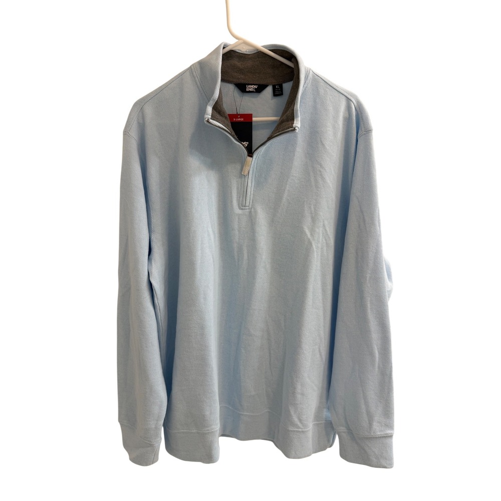 Lands End Mens XL Light Blue Quarter Zip Ribbed Pullover Sweater NWT